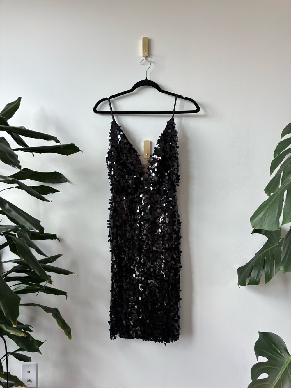 NWT - Fashion Nova Black Sequin V-Neck Spaghetti Strap Dress